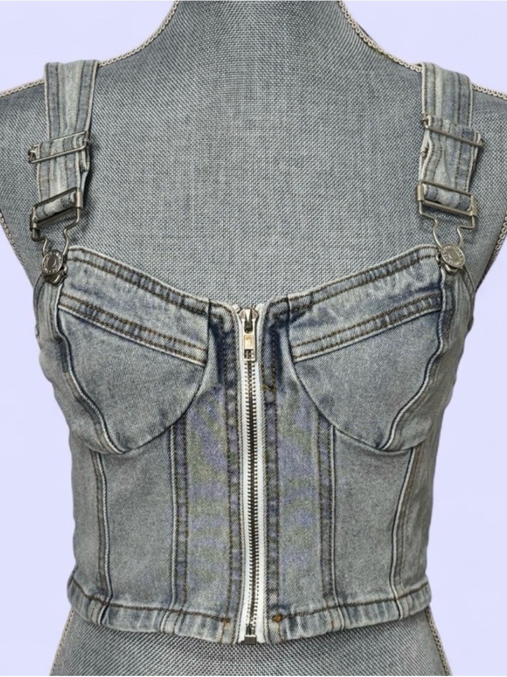 Signature8 Light Blue Denim Top Buckles Bustier Corset